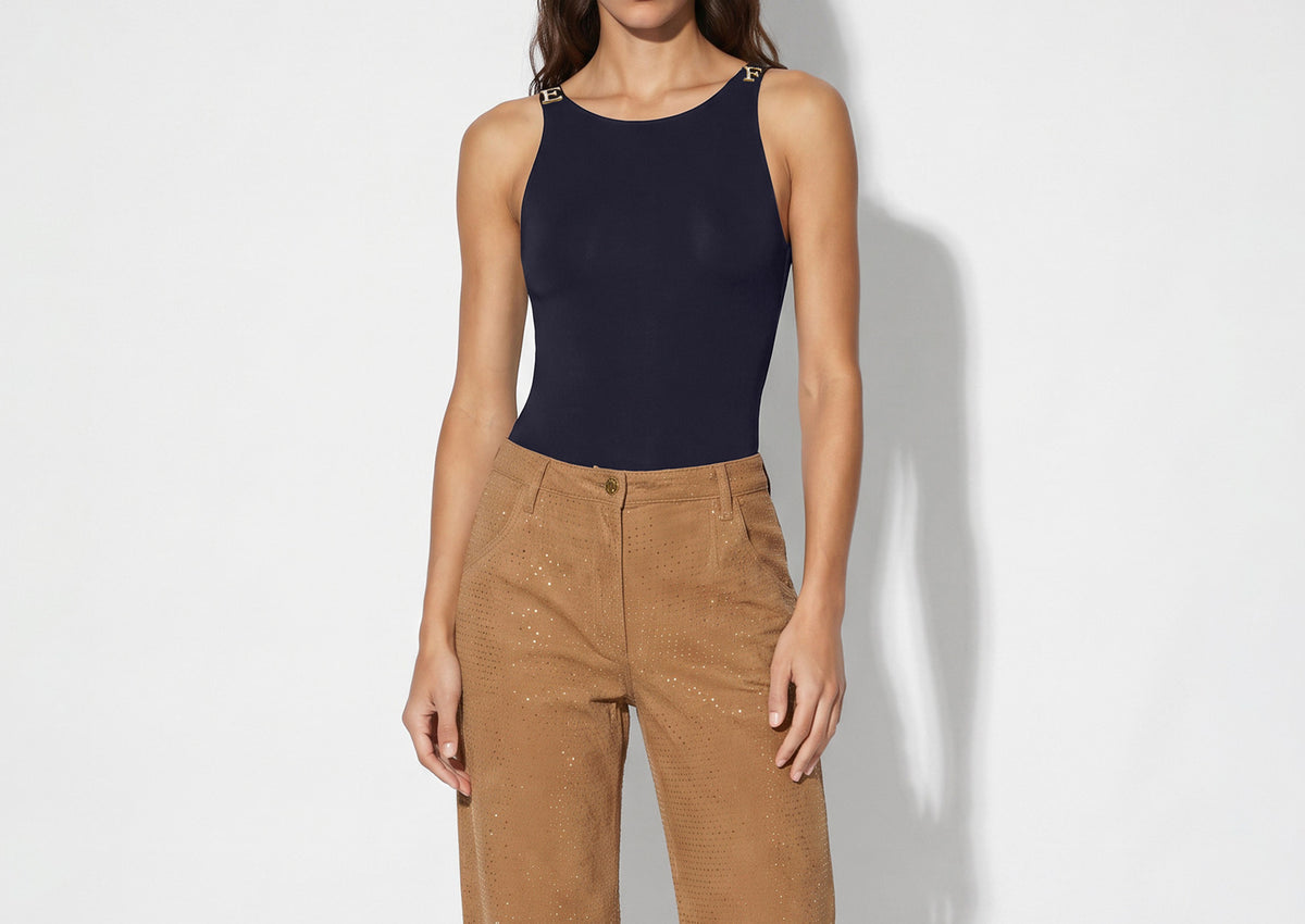 ELISABETTA FRANCHI Body jersey crêpe Logo Spalline-Blu Notte