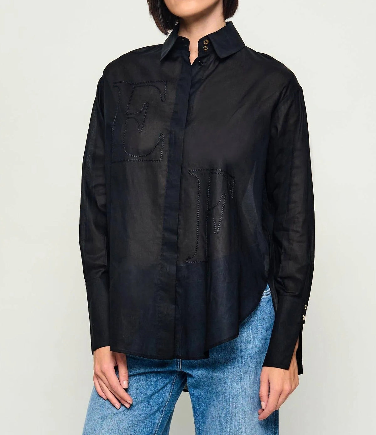 ELISABETTA FRANCHI CAMICIA Popeline Cotone Maxi Logo Ricamato-Nero
