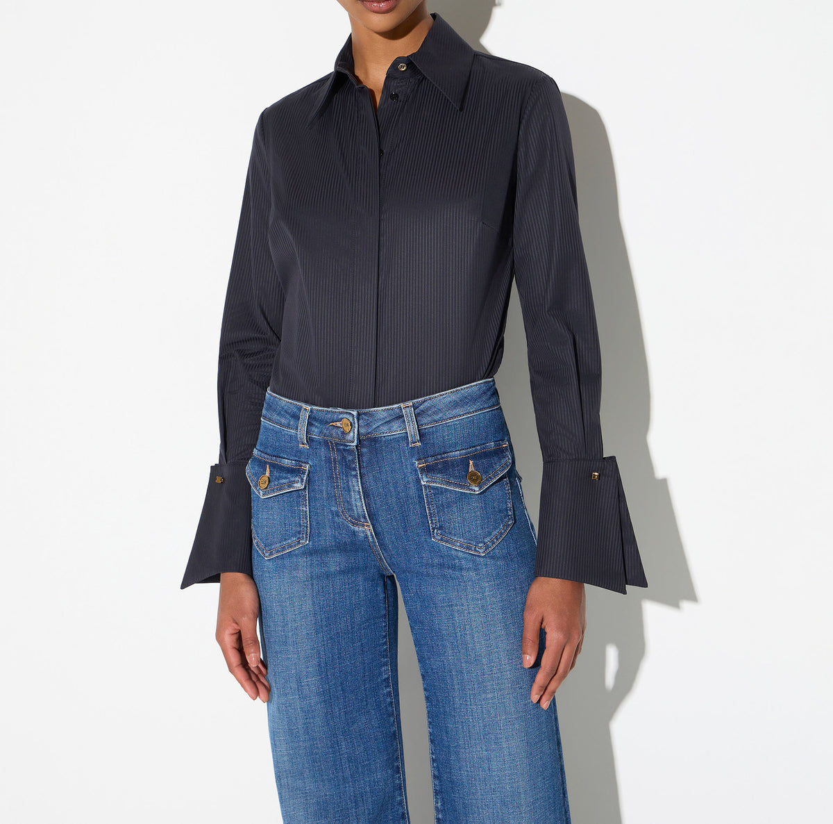 ELISABETTA FRANCHI Camicia Cotone Rigato Stampa-Nero