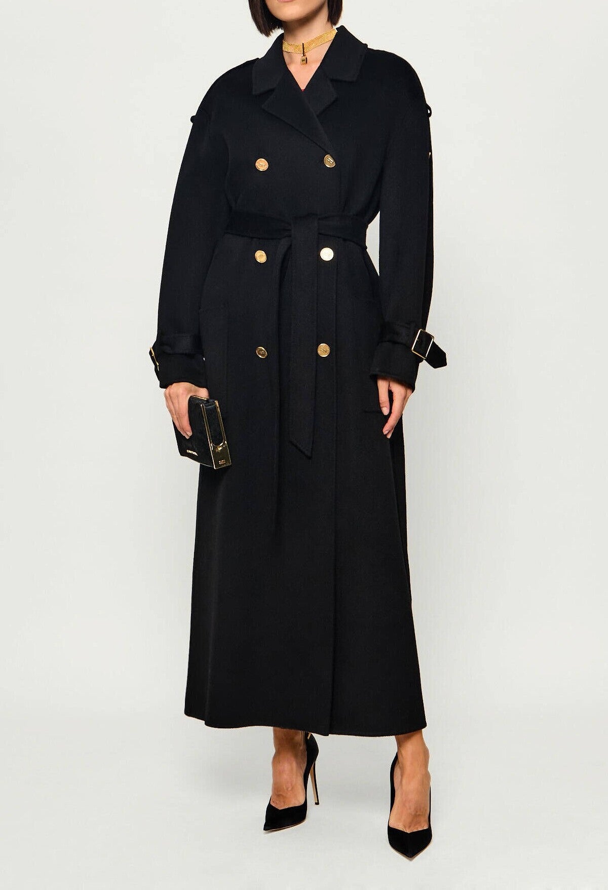 ELISABETTA FRANCHI Cappotto Lungo Panno Double di lana alamari-Nero