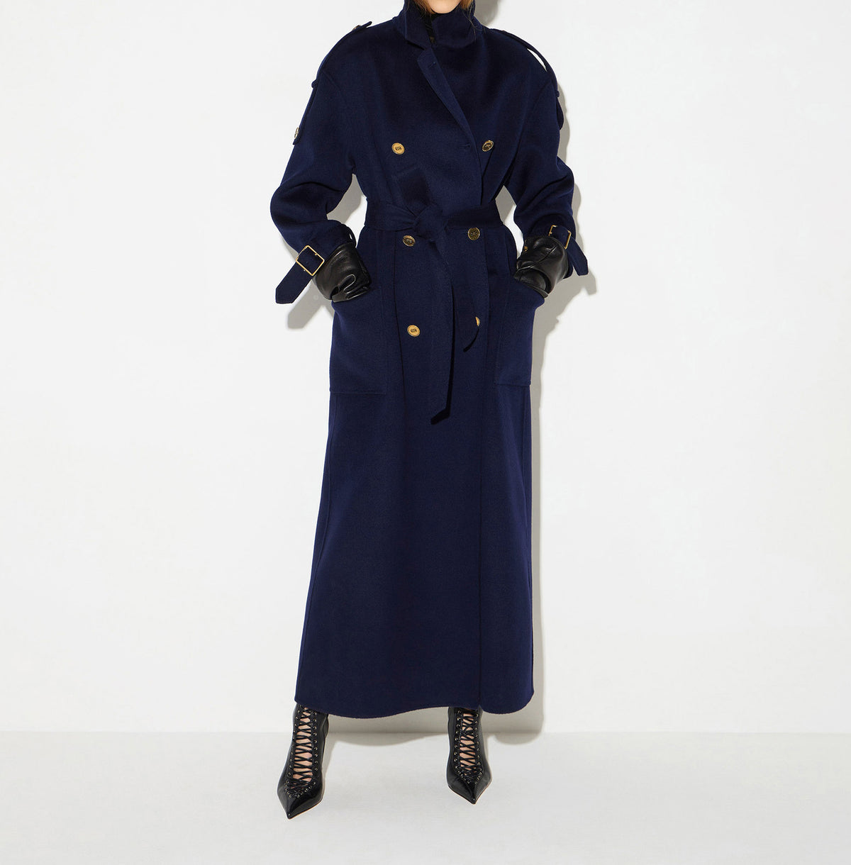 ELISABETTA FRANCHI Cappotto Lungo Panno Double di lana alamari-Blu Notte