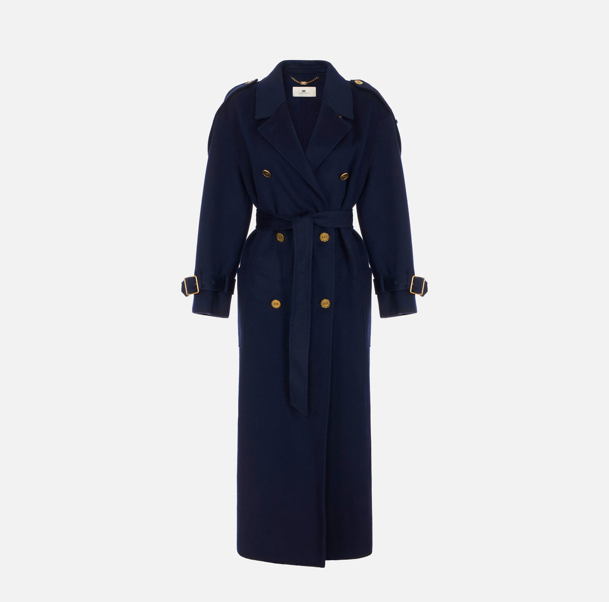 ELISABETTA FRANCHI Cappotto Lungo Panno Double di lana alamari-Blu Notte