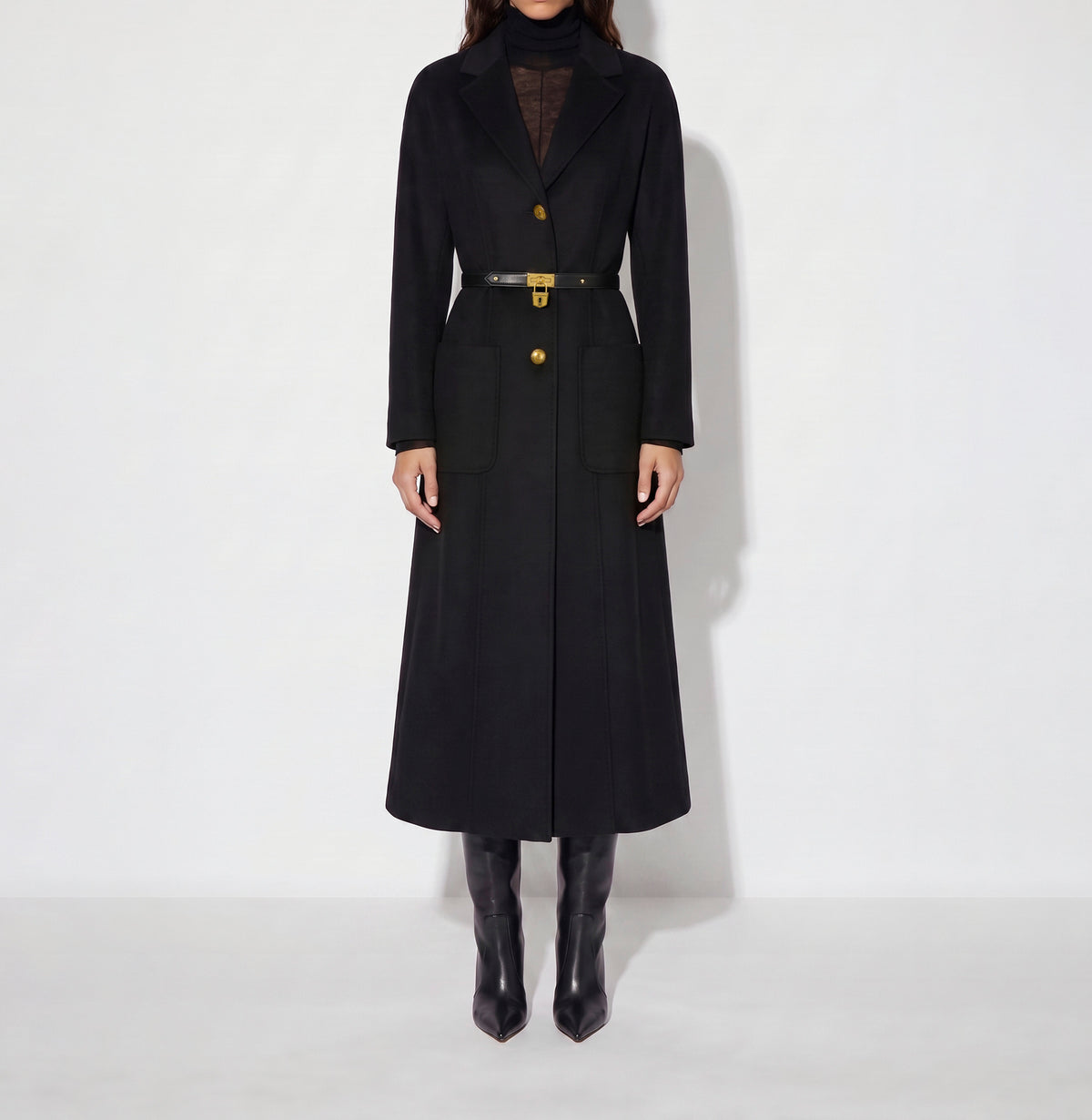 ELISABETTA FRANCHI Cappotto Panno Double di Lana Cintura-Nero