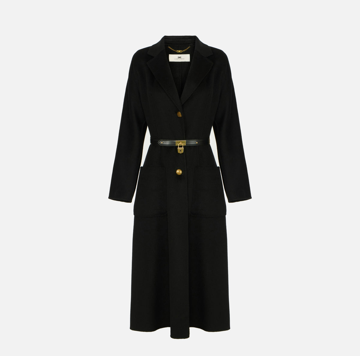 ELISABETTA FRANCHI Cappotto Panno Double di Lana Cintura-Nero