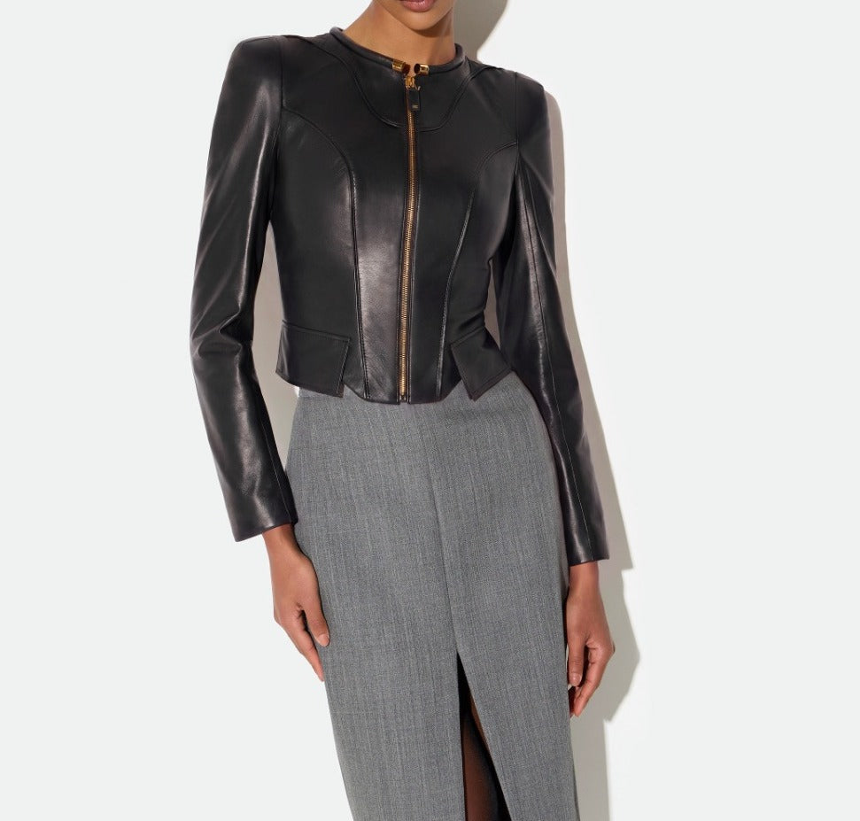 ELISABETTA FRANCHI GIACCA PELLE Collo Tubolare-Nero