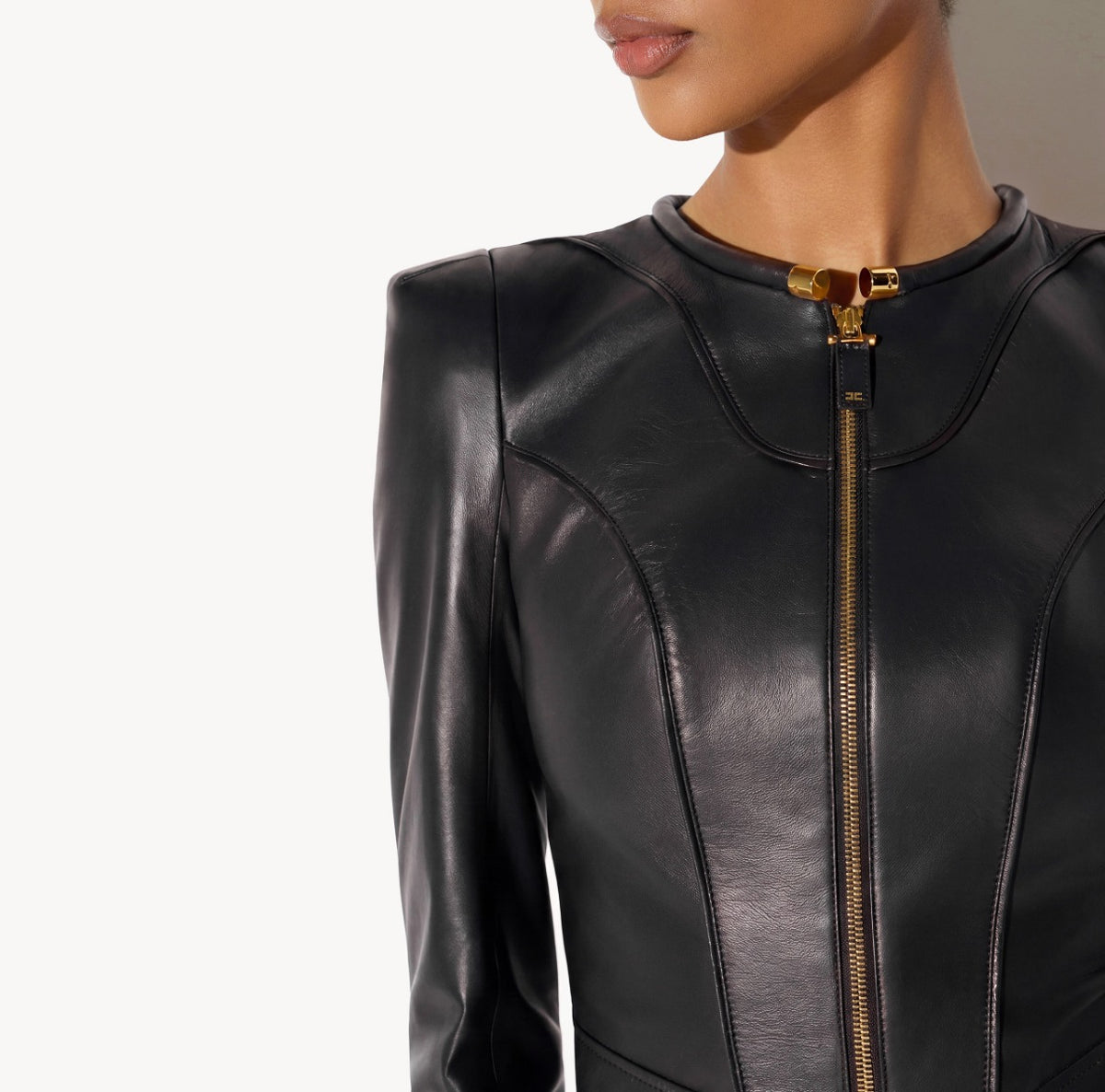 ELISABETTA FRANCHI GIACCA PELLE Collo Tubolare-Nero