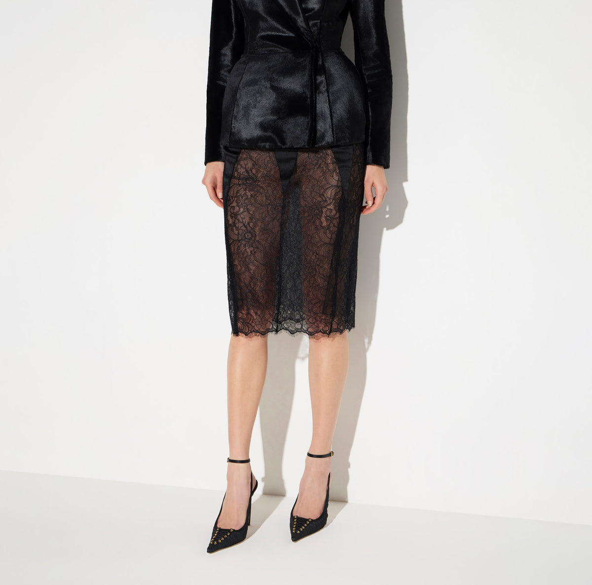ELISABETTA FRANCHI Gonna Midi Pizzo Floreale-Nero