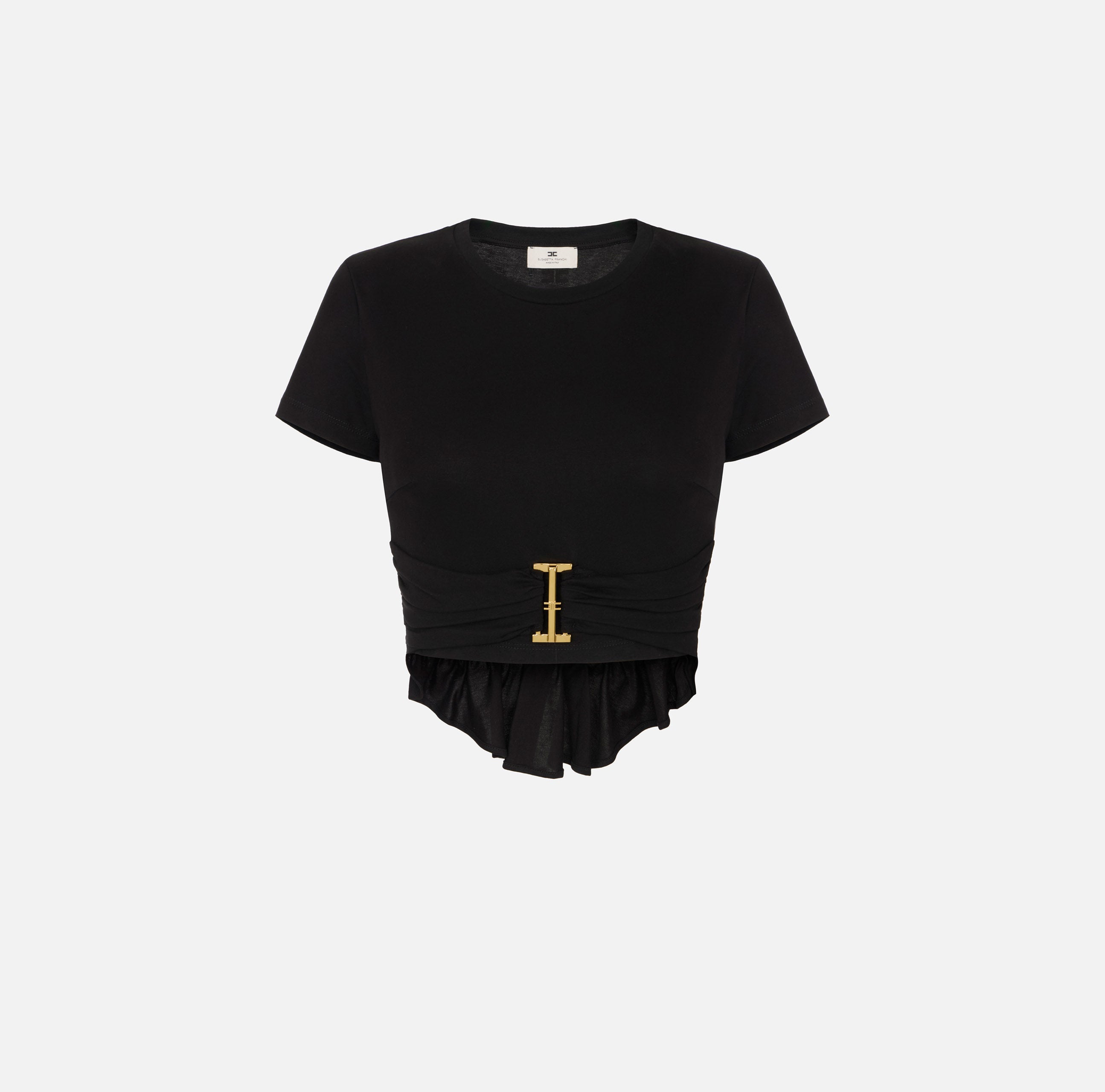 ELISABETTA FRANCHI T-Shirt Jersey Cotone Logo Drappeggio-Nero