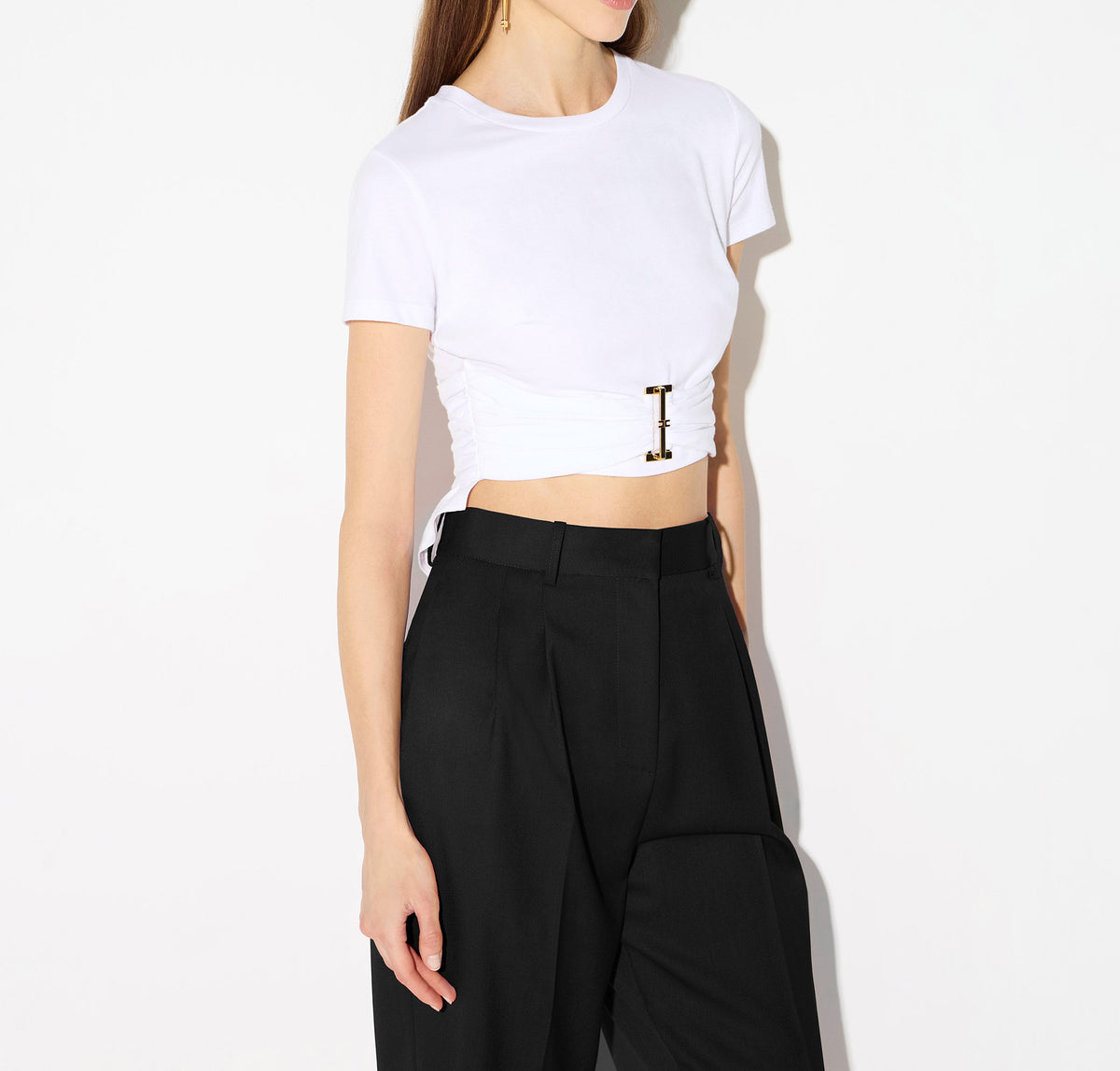 ELISABETTA FRANCHI T-Shirt Jersey Cotone Logo Drappeggio-Gesso