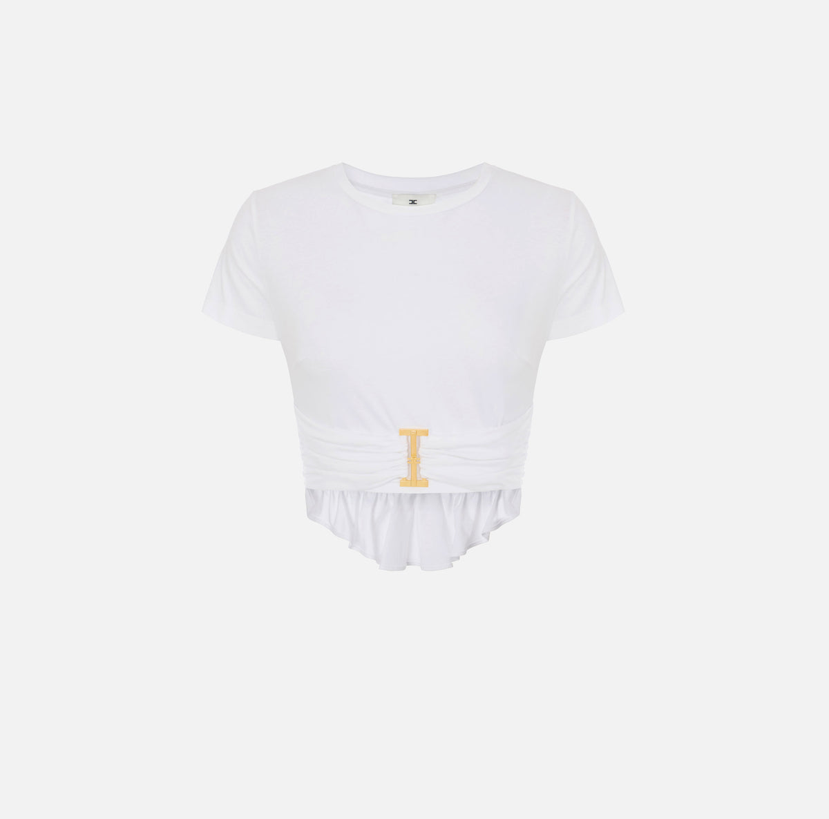 ELISABETTA FRANCHI T-Shirt Jersey Cotone Logo Drappeggio-Gesso