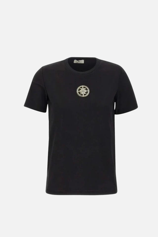ELISABETTA FRANCHI T-Shirt Jersey Cotone Placca Logo Oblò-Nero
