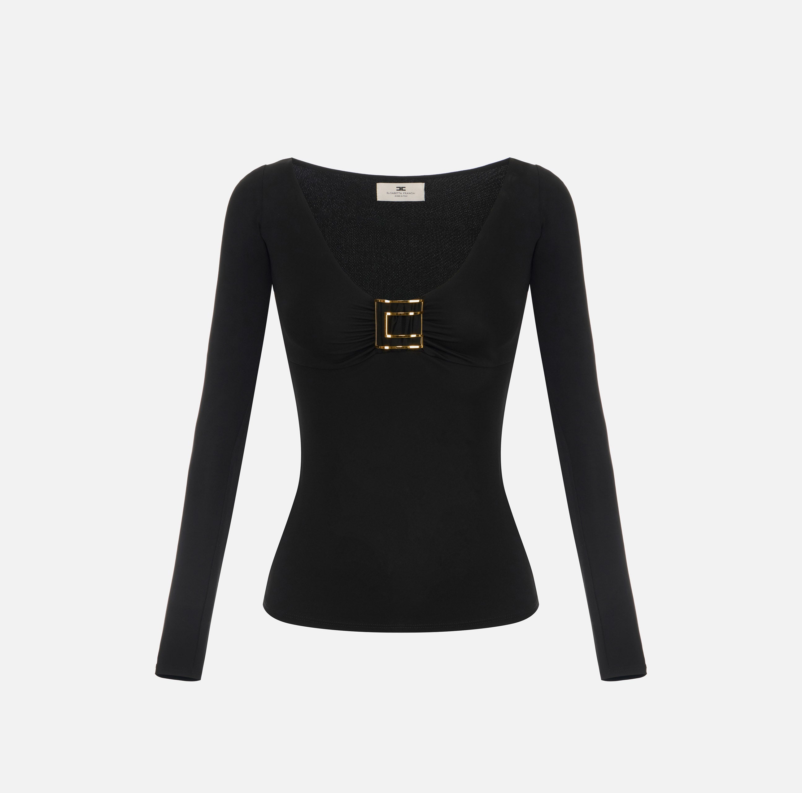 ELISABETTA FRANCHI Maglia Jersey Viscosa Placca Logo-Nero