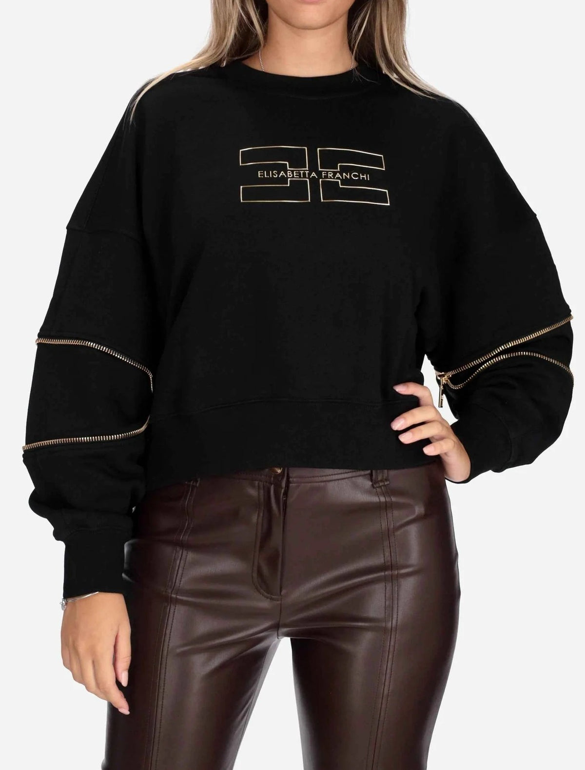 ELISABETTA FRANCHI Felpa Cotone Dettaglio Zip-Nero