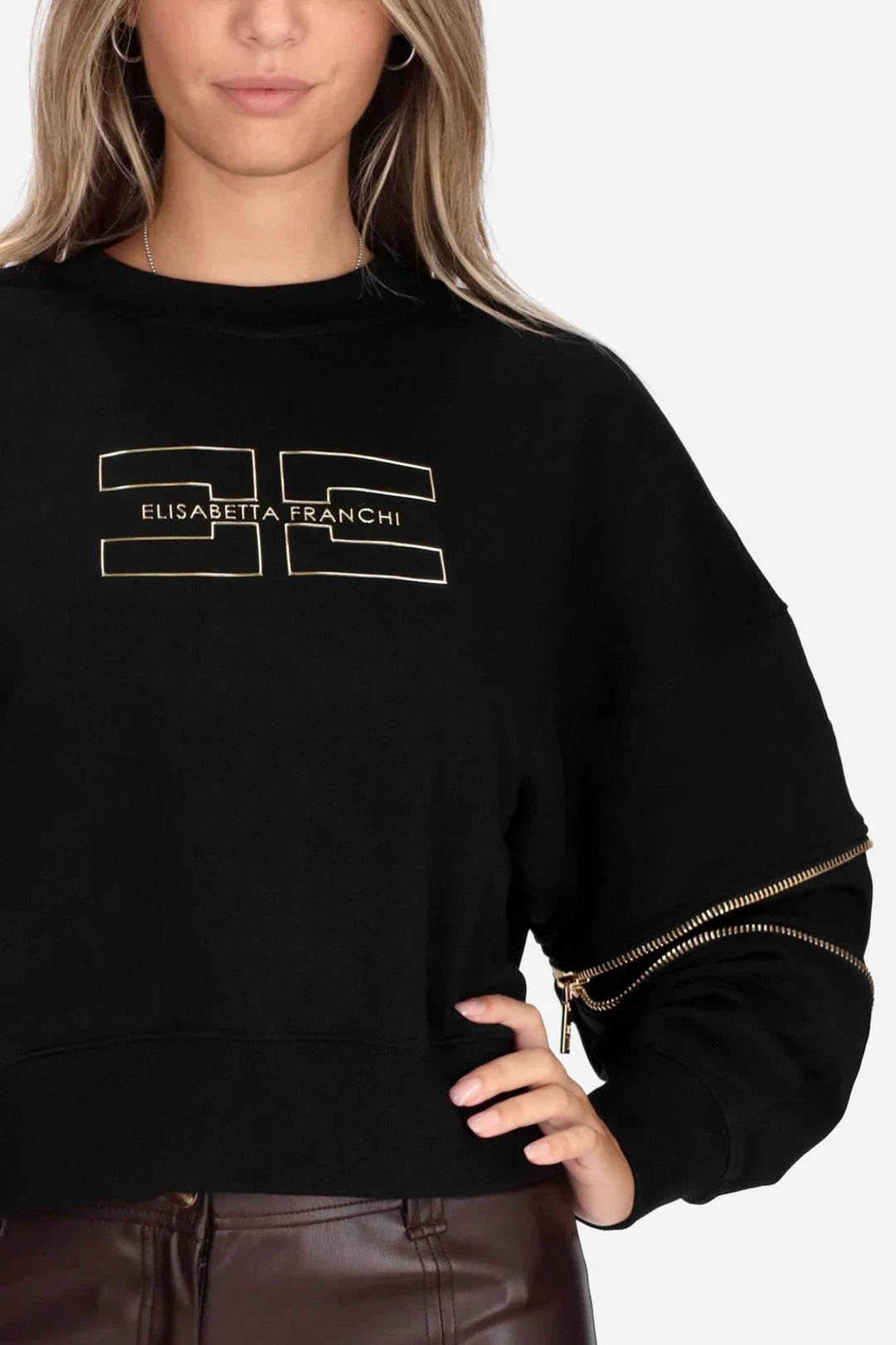 ELISABETTA FRANCHI Felpa Cotone Dettaglio Zip-Nero
