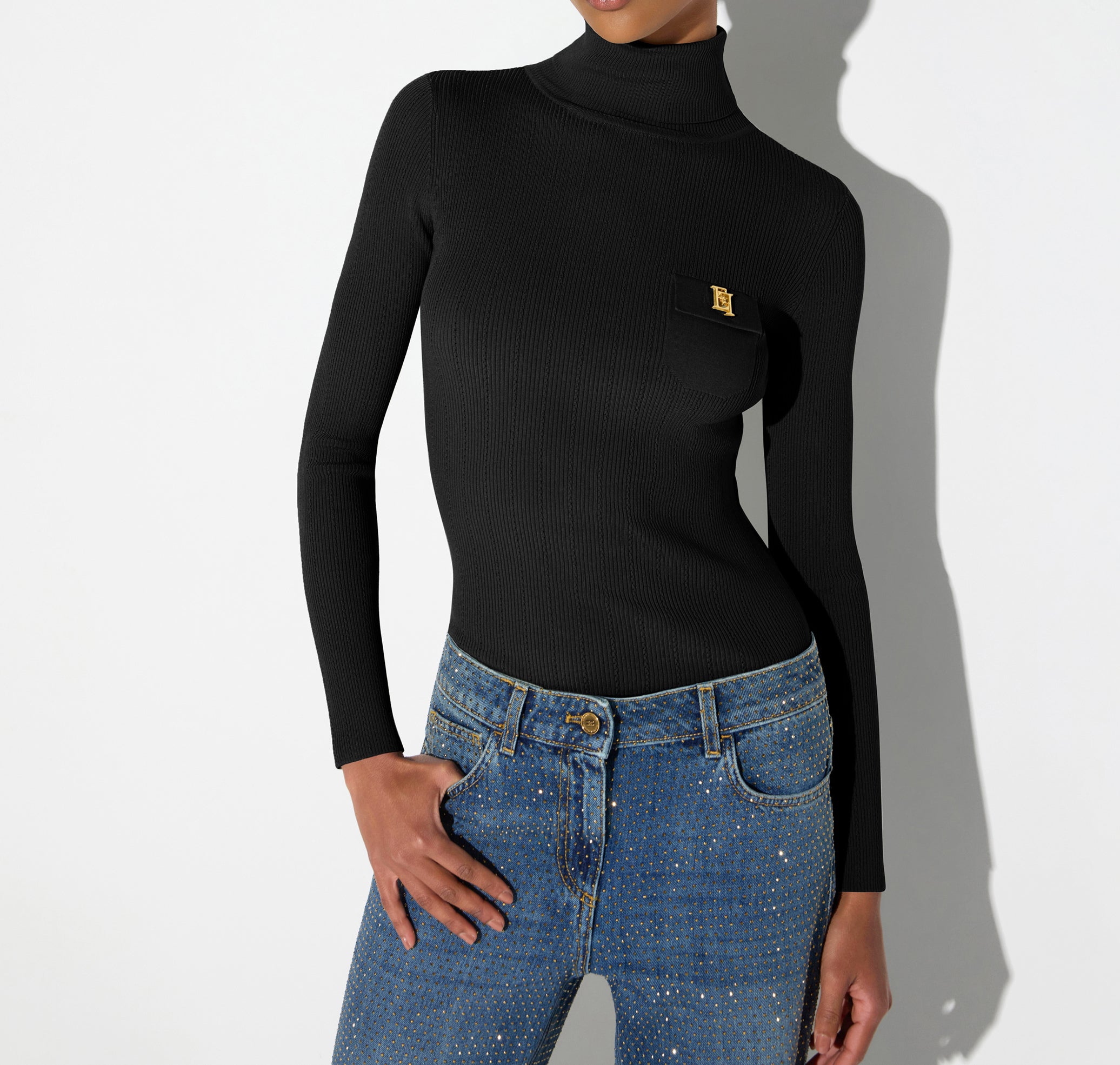 ELISABETTA FRANCHI Maglia Dolcevita Costine Taschino Logo-Nero