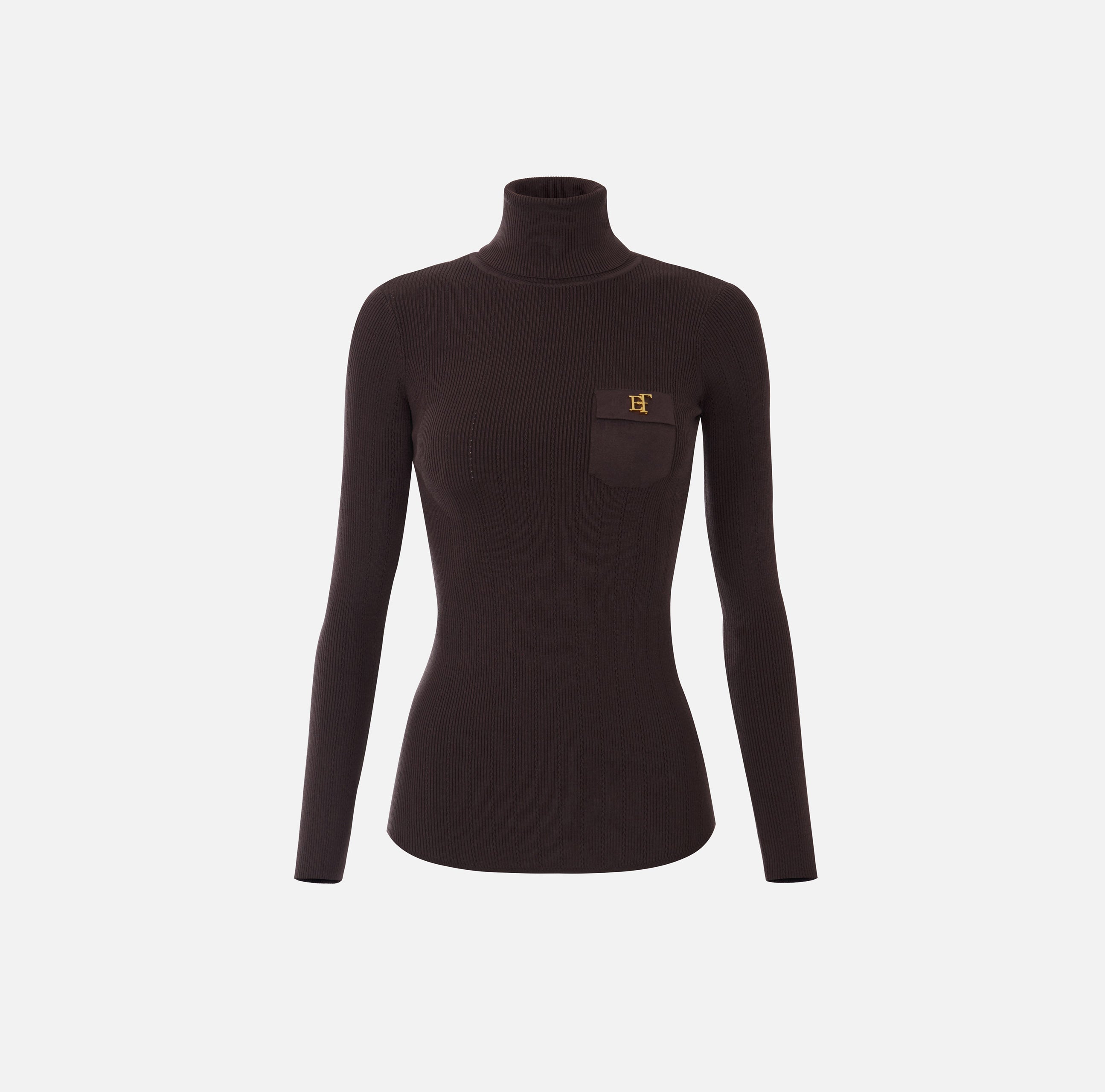 ELISABETTA FRANCHI Maglia Dolcevita Costine Taschino Logo-Dark Chocolate