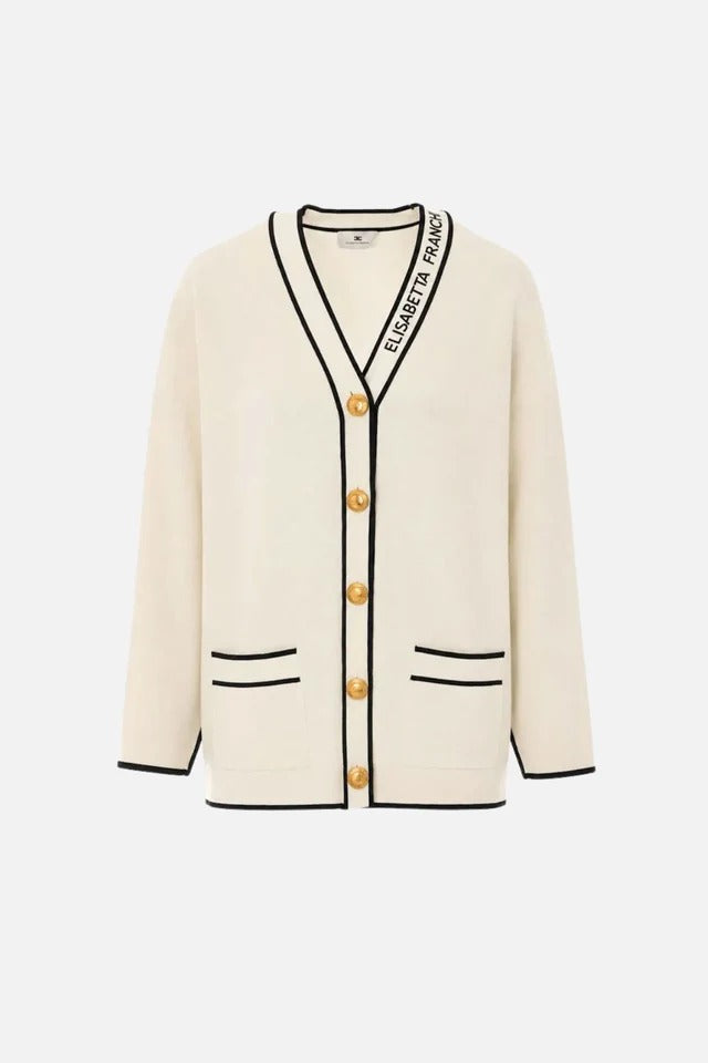 ELISABETTA FRANCHI Cardigan Maglia Viscosa Slogan-Burro/Nero