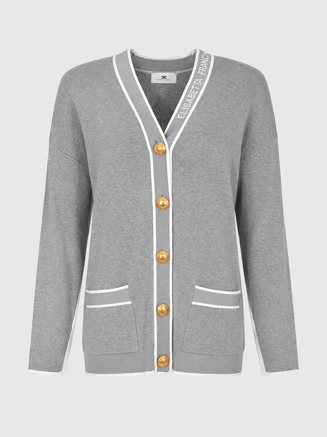 ELISABETTA FRANCHI Cardigan Maglia Viscosa Slogan-Grigio/Avorio