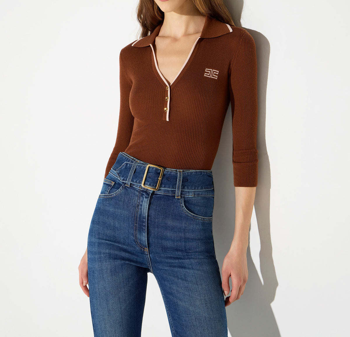 ELISABETTA FRANCHI Polo Maglia Costine-Sigaro/Nude