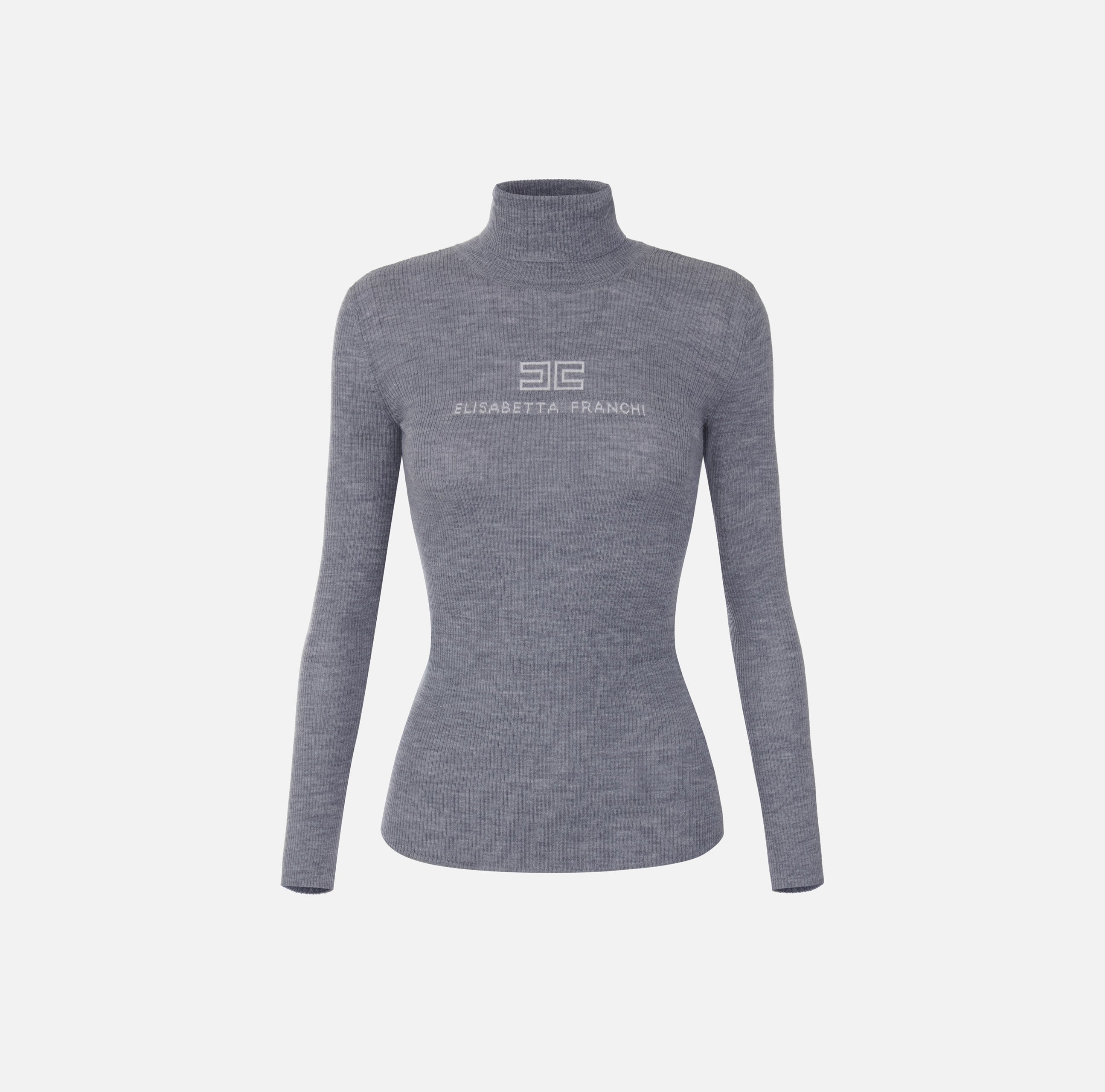 ELISABETTA FRANCHI Maglia Dolcevita Costine Logo-Grigio Melange/Avorio
