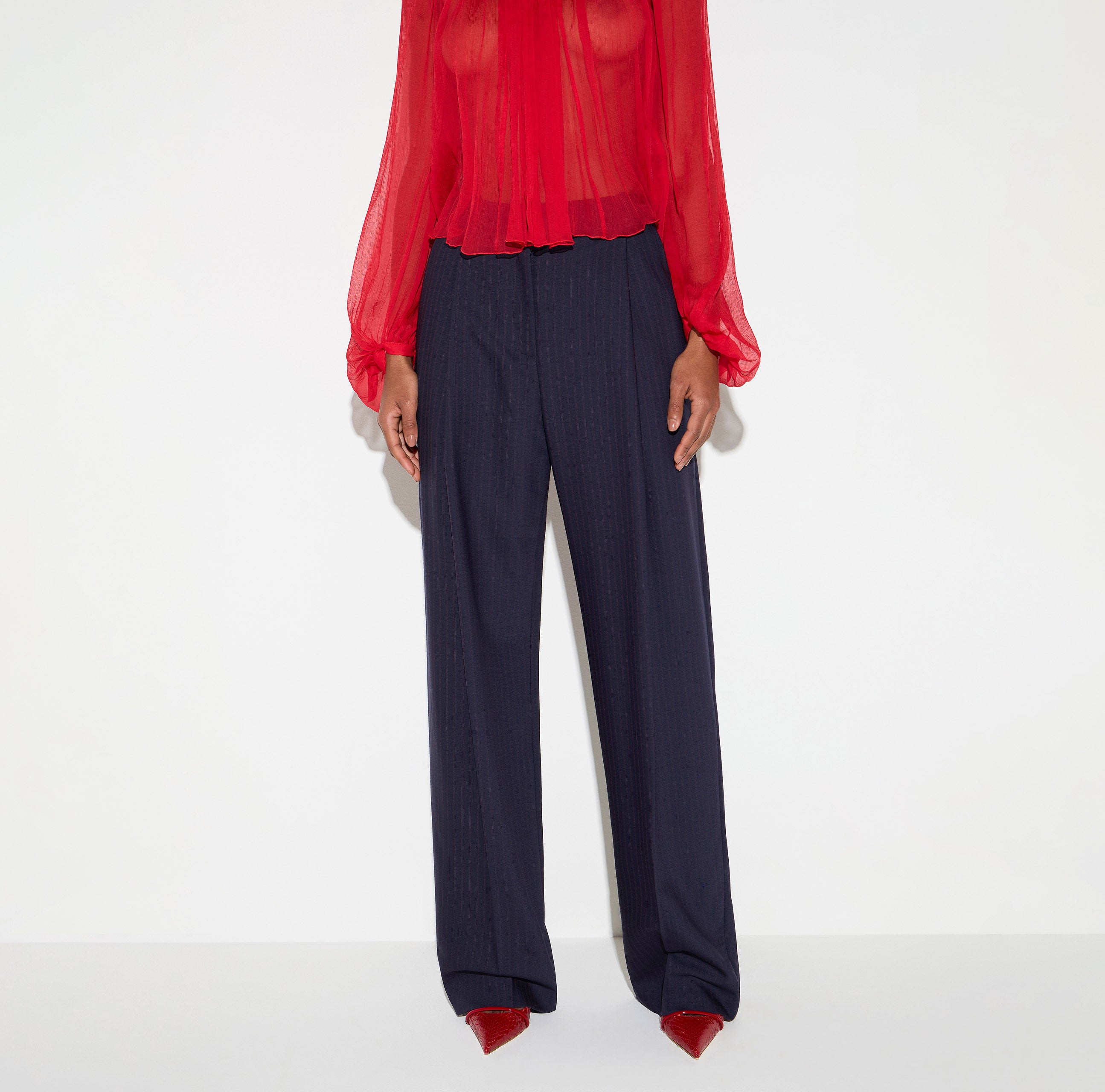 ELISABETTA FRANCHI Pantalone Palazzo Fresco Lana Gessato-Blu Notte/Red Passion