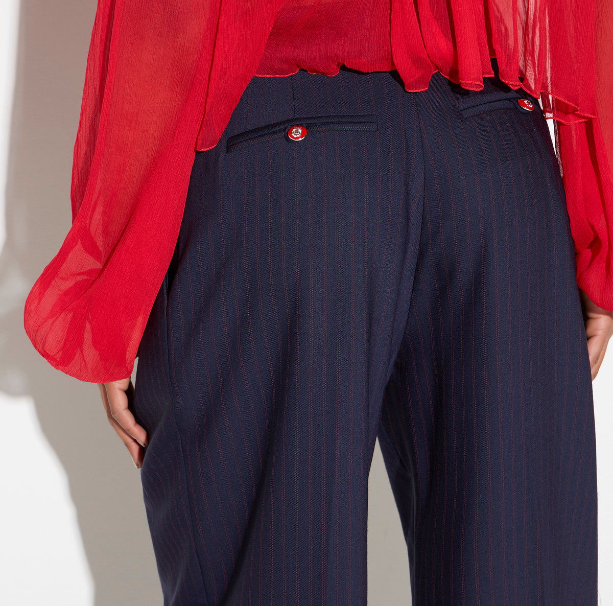 ELISABETTA FRANCHI Pantalone Palazzo Fresco Lana Gessato-Blu Notte/Red Passion