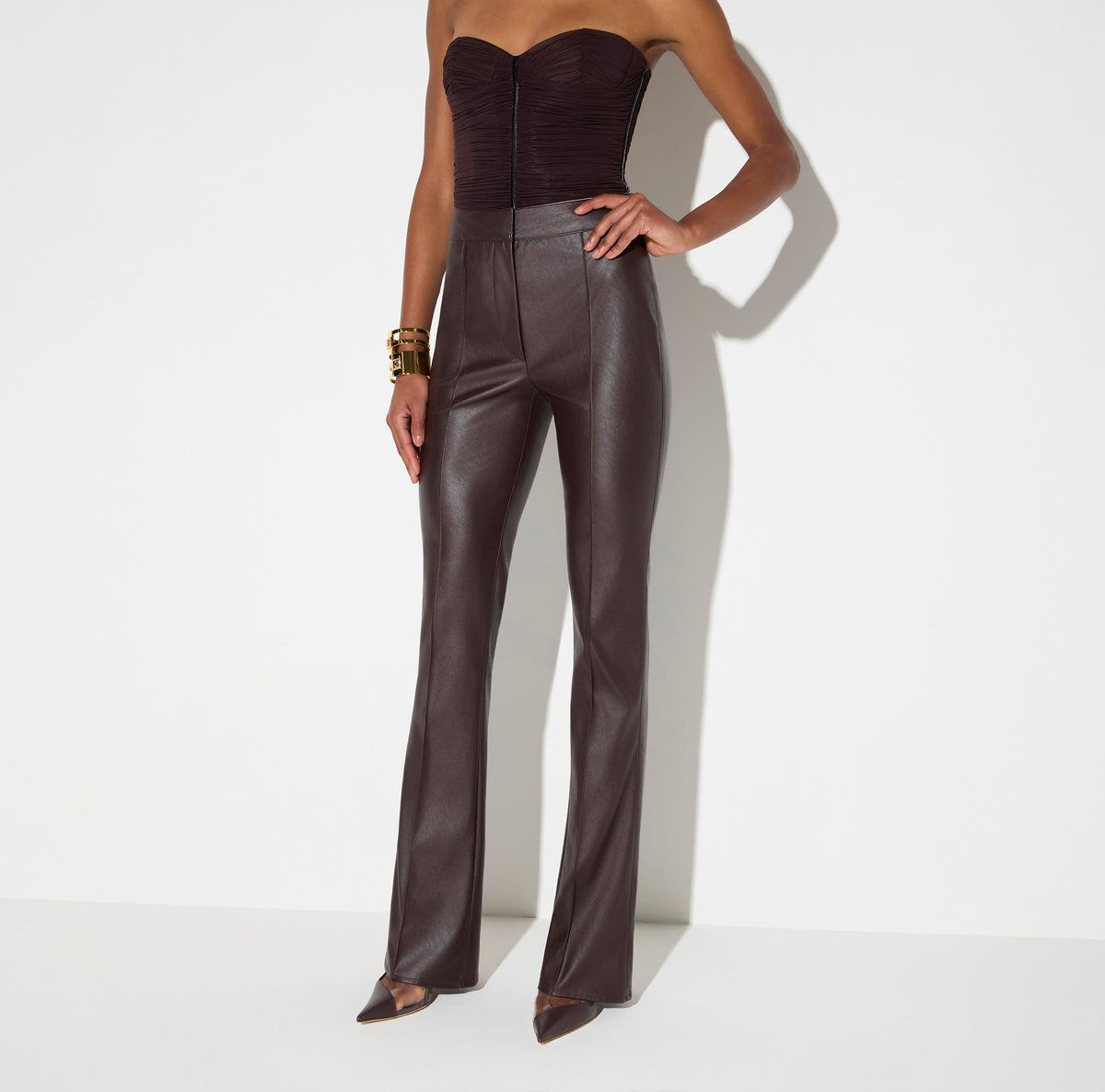 ELISABETTA FRANCHI PANTALONE Ecopelle Nervature-Dark Chocolate