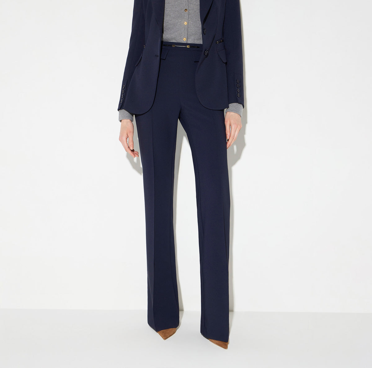 ELISABETTA FRANCHI Pantalone Palazzo doppio crêpe Morsetto Logo-Blu Notte