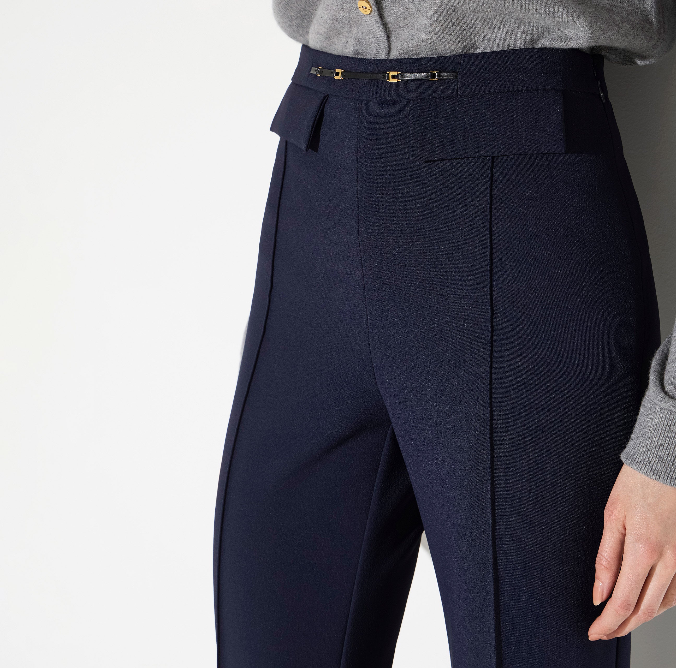 ELISABETTA FRANCHI Pantalone Palazzo doppio crêpe Morsetto Logo-Blu Notte