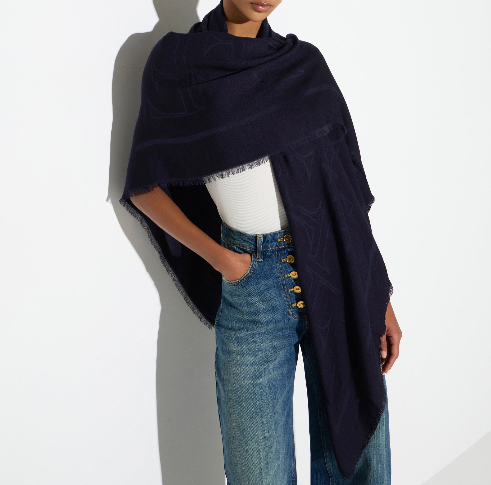 ELISABETTA FRANCHI Sciarpa Viscosa Modal Logo-Blu Notte