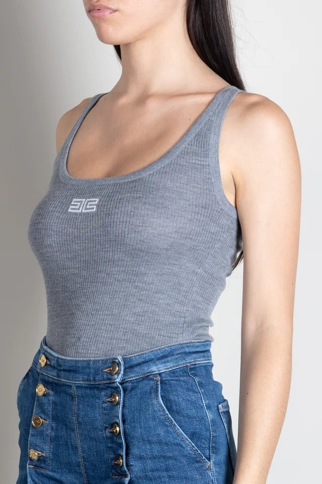 ELISABETTA FRANCHI Canotta Maglia Costine Logo-Grigio Melange/Avorio