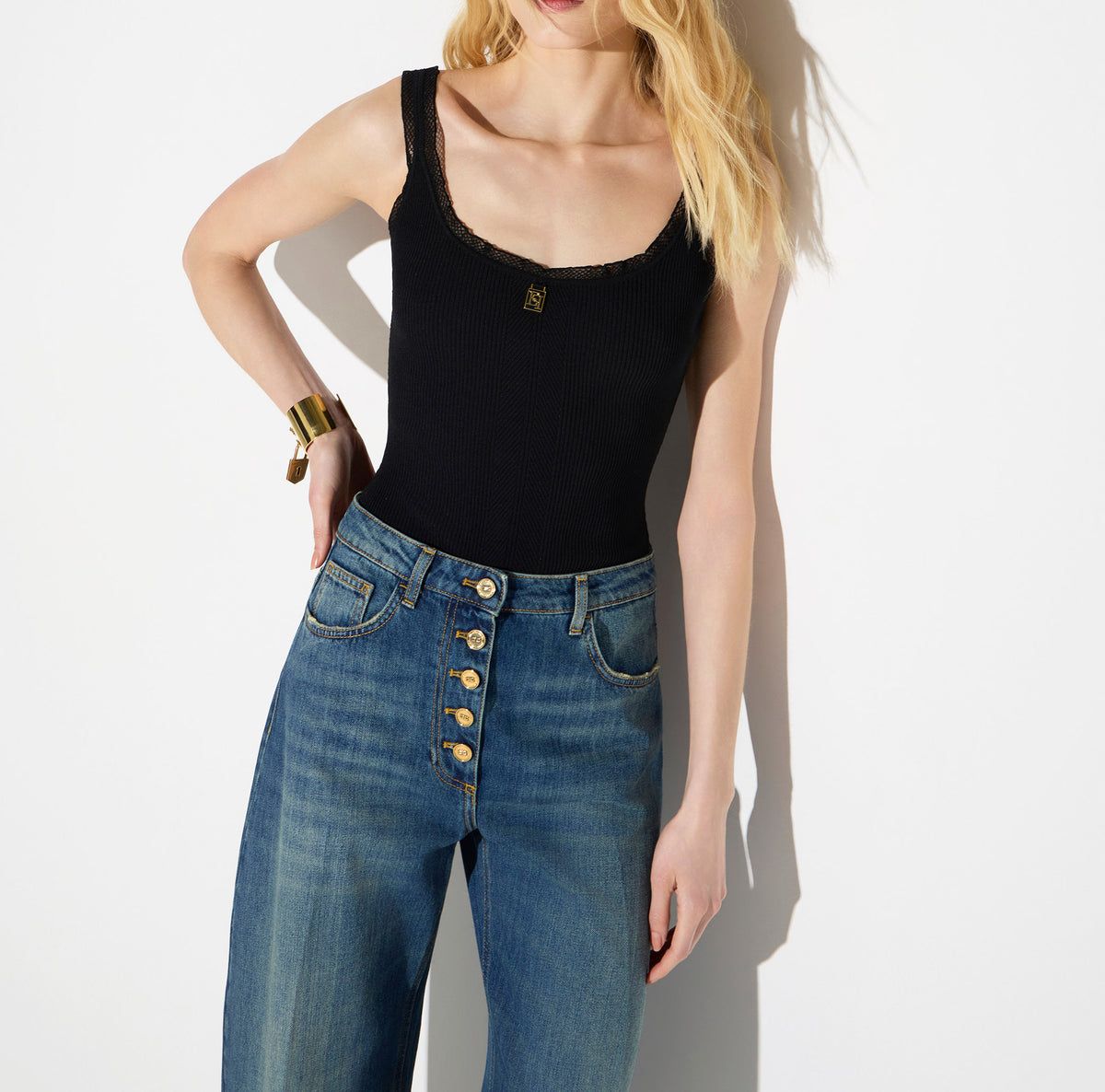 ELISABETTA FRANCHI Canotta Maglia Costine Logo-Nero