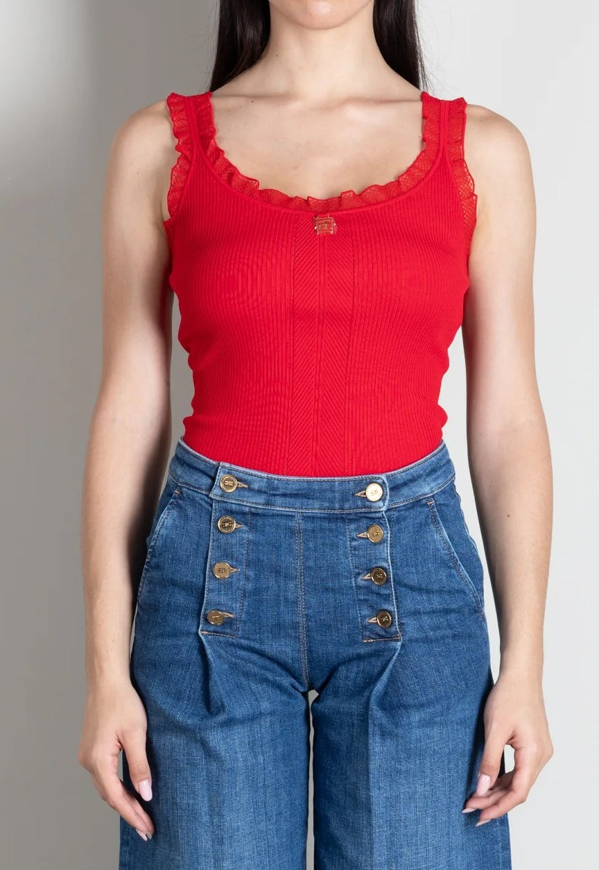 ELISABETTA FRANCHI Canotta Maglia Costine Logo-Red Passion
