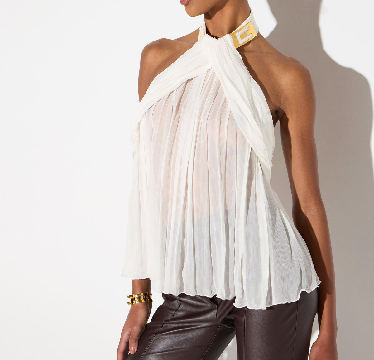 ELISABETTA FRANCHI Top crêponne Drappeggiato Logo Colletto-Avorio