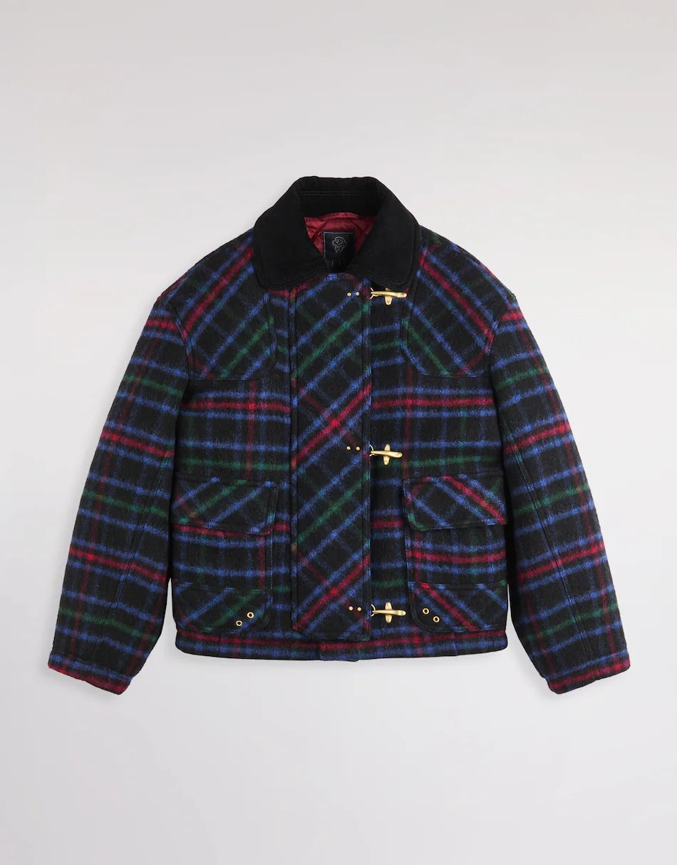 FAY BOMBER Donna 3 GANCI Panno Lana Tartan-Blu/Rosso