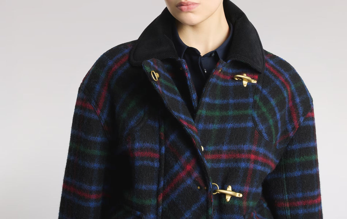 FAY BOMBER Donna 3 GANCI Panno Lana Tartan-Blu/Rosso