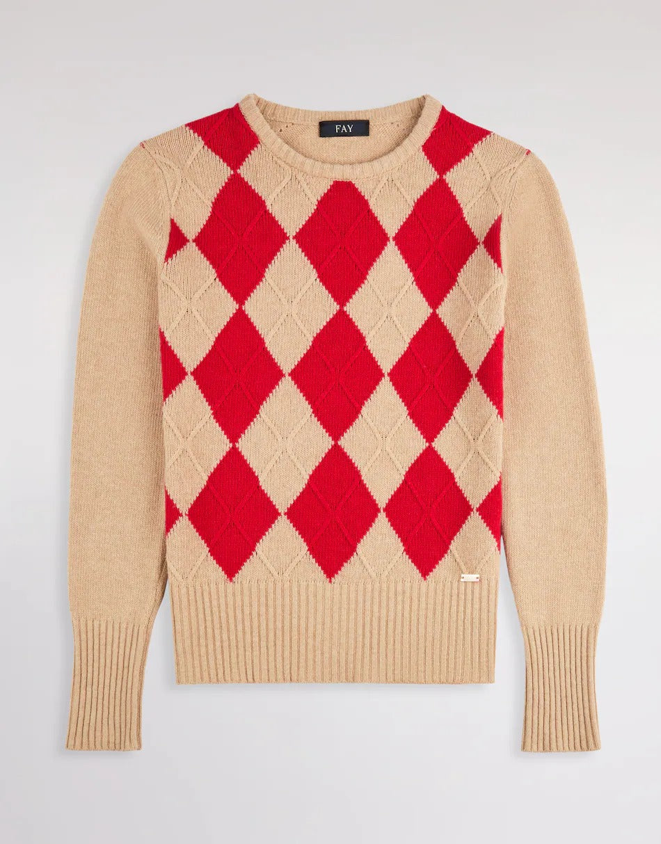 FAY Pullover Donna Lana Cashmere Rombi-Beige/Rosso
