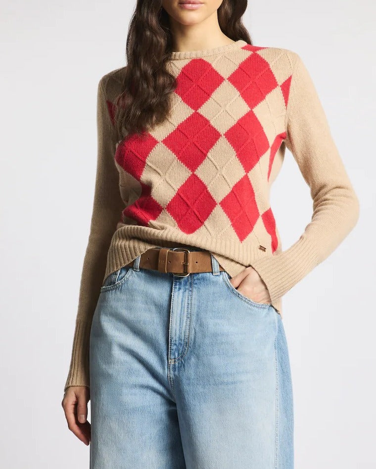 FAY Pullover Donna Lana Cashmere Rombi-Beige/Rosso