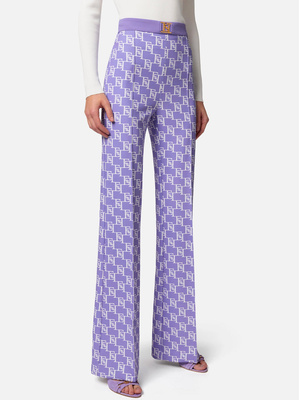 ELISABETTA FRANCHI Pantalone Palazzo Logo All-Over-Iris Burro